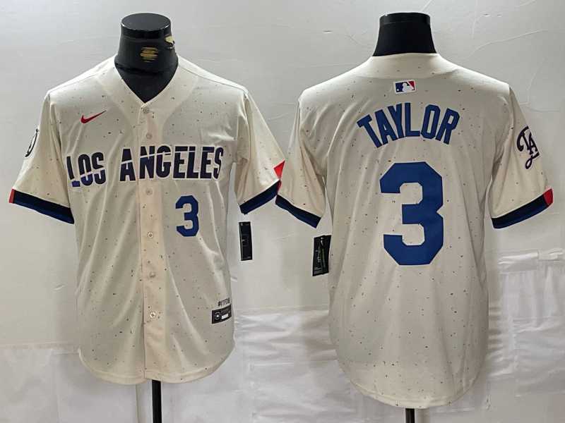Mens Los Angeles Dodgers #3 Chris Taylor Number Cream 2024 City Connect Limited Stitched Jerseys